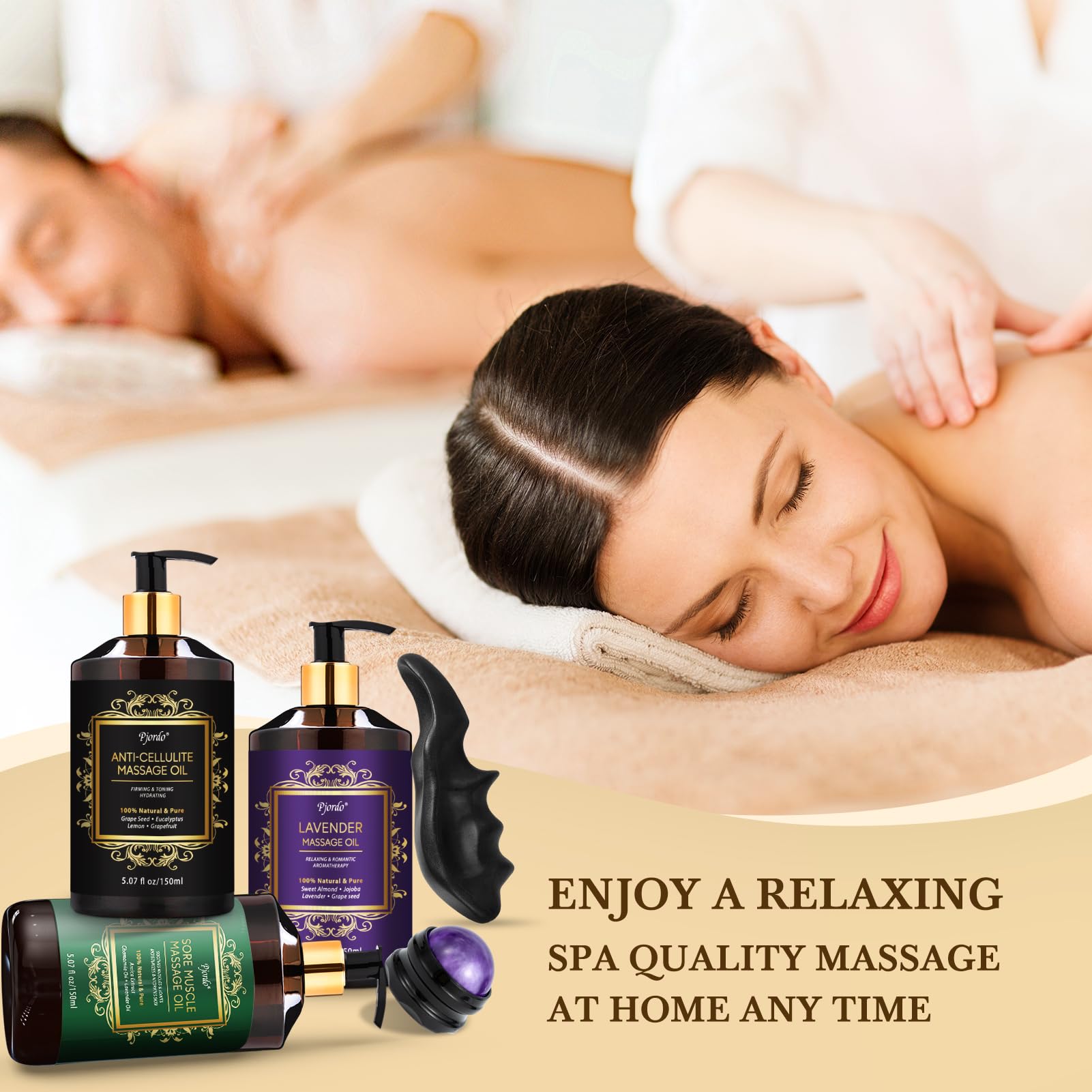 Pjordo relaxing spa routine scene with oil and massage tools.