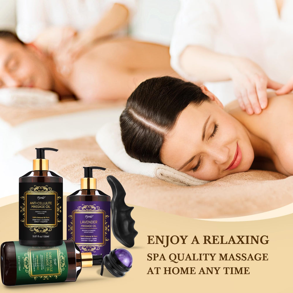 Pjordo relaxing spa routine scene with oil and massage tools.