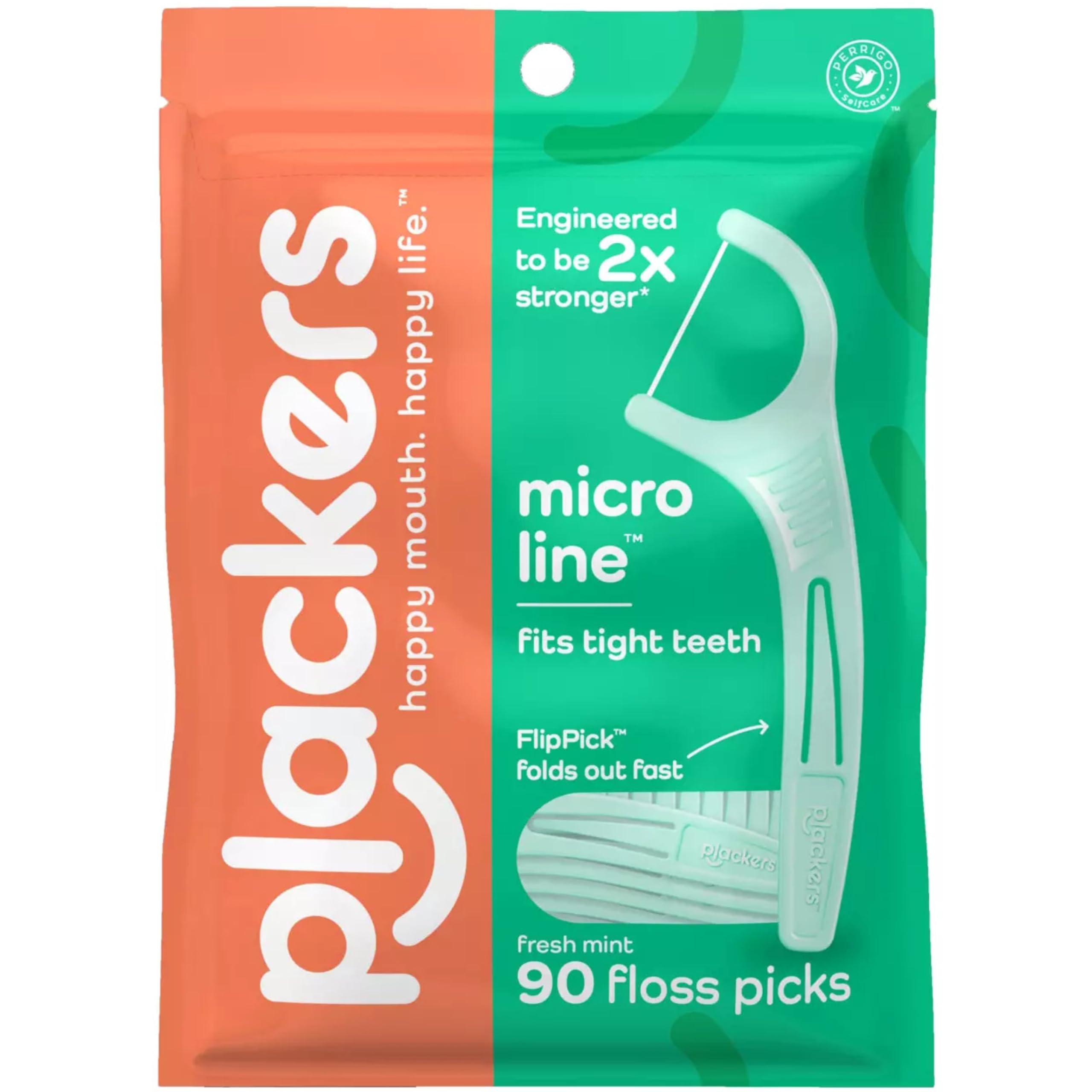 Plackers Micro Mint floss picks front view, portable 90-count pack for travel convenience.