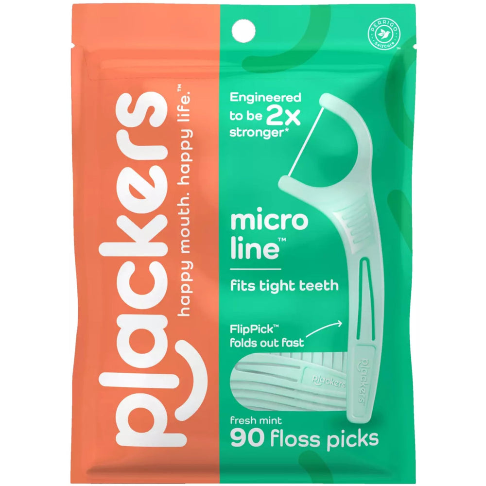 Plackers Micro Mint floss picks front view, portable 90-count pack for travel convenience.