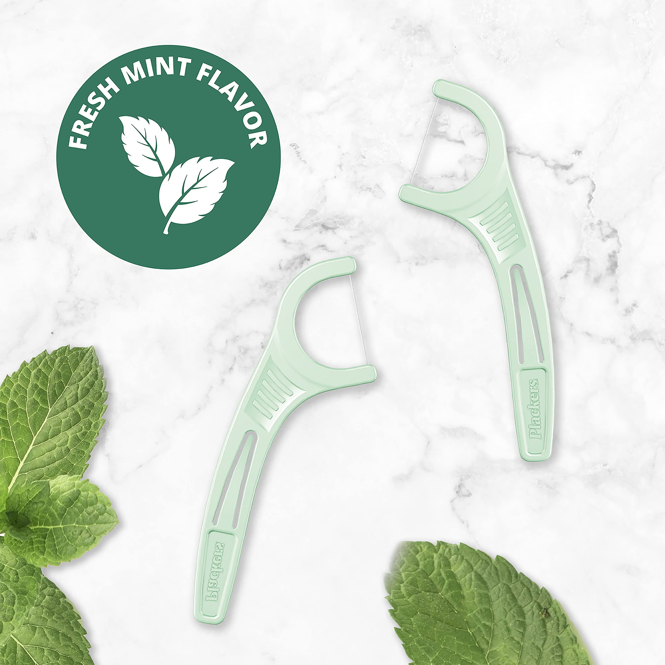 Mint flavor on Plackers floss picks for long-lasting freshness.