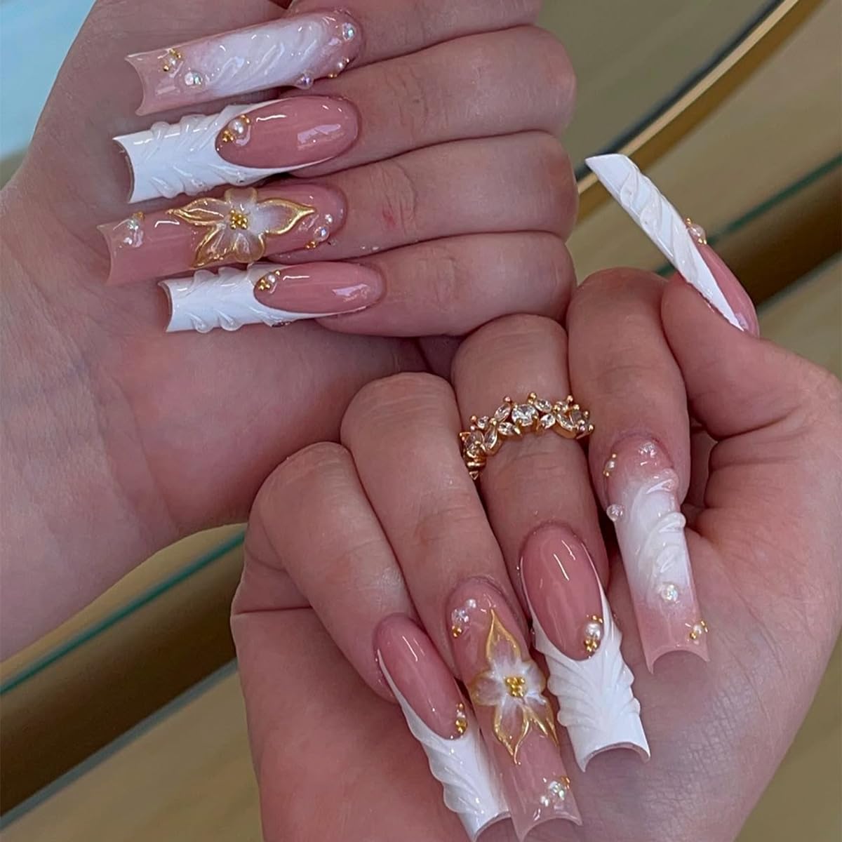 plalely long square press-on nails with gold embossed flowers for statement nails