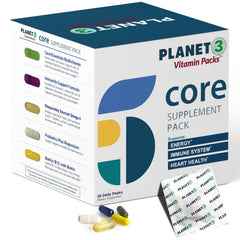 Planet 3 daily vitamin packs bottle for a convenient, all-in-one morning routine.