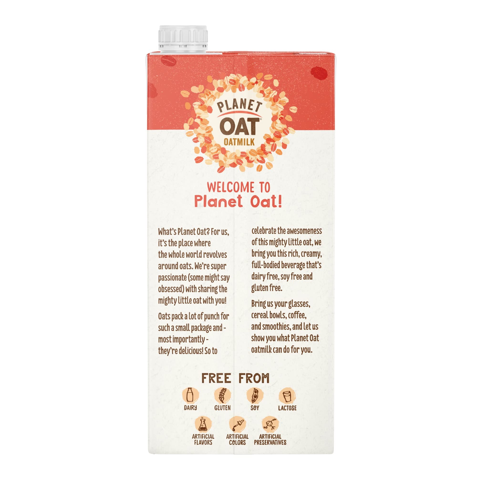 Planet Oat Original Oatmilk ingredients show gluten-free, non-GMO oats.