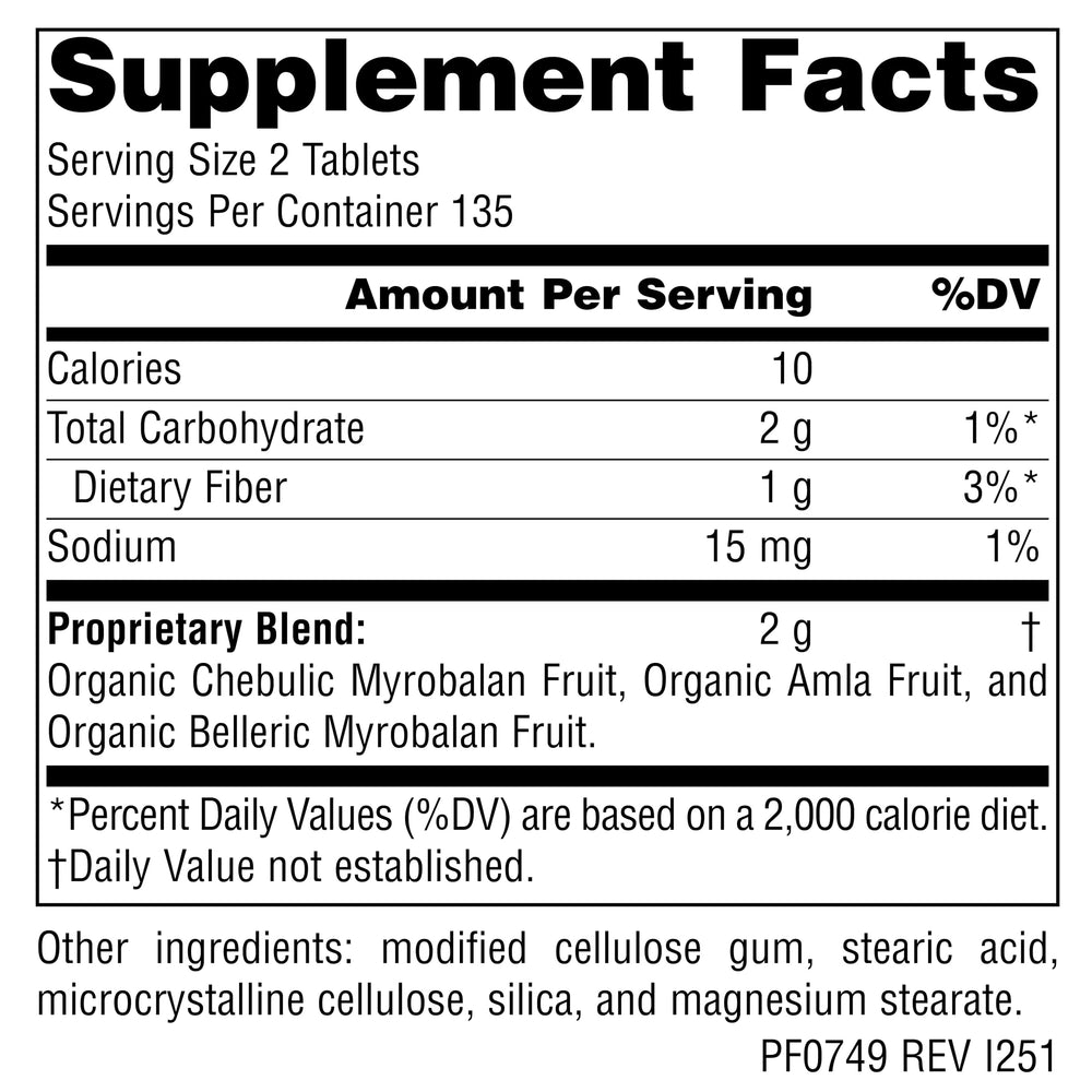 Planetary Herbals Triphala bottle label showing natural balance and wellness benefits.
