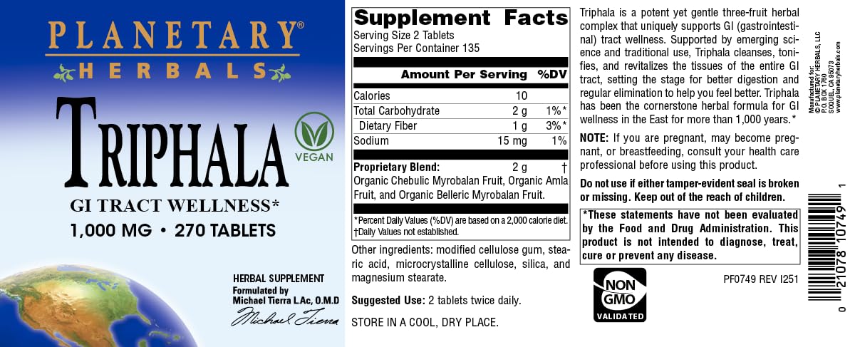 Planetary Herbals Triphala packaging on shelf suggests convenient daily use.
