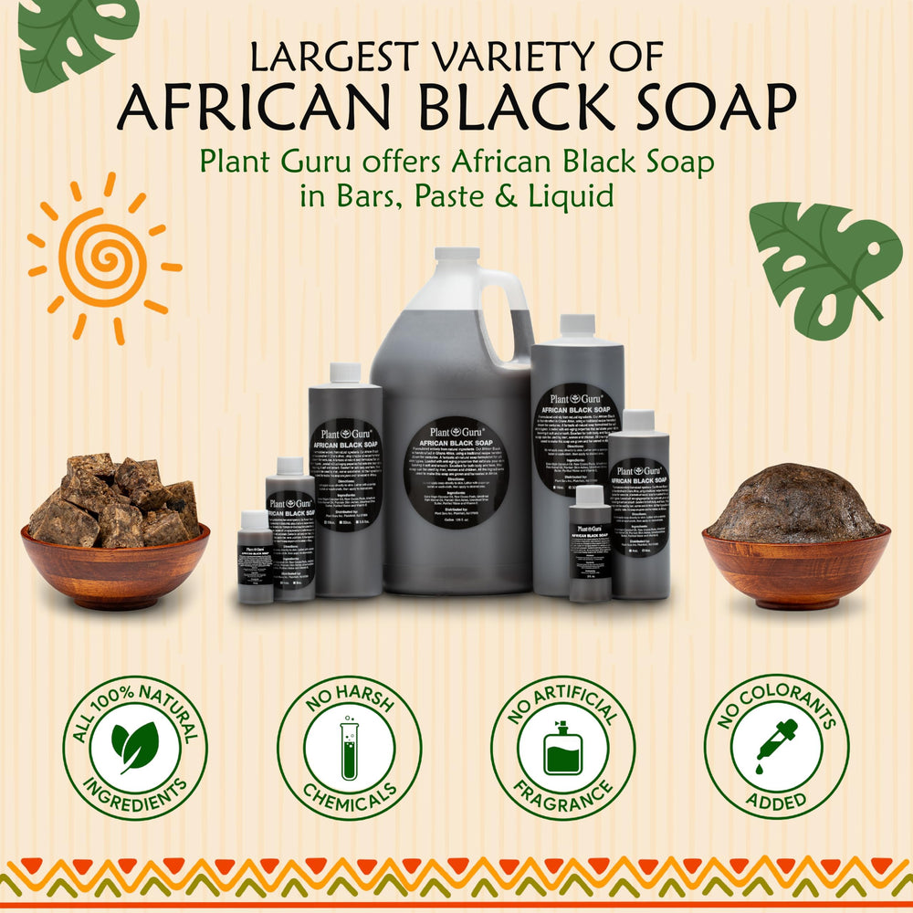 Plant Guru African Black Soap bar 8 oz clarifying-suds shot hints scalp cleansing benefits for clean, refreshed hair.