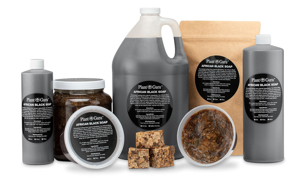 Plant Guru African Black Soap bar 8 oz creamy-lather moment conveys nourishing feel for dry skin.