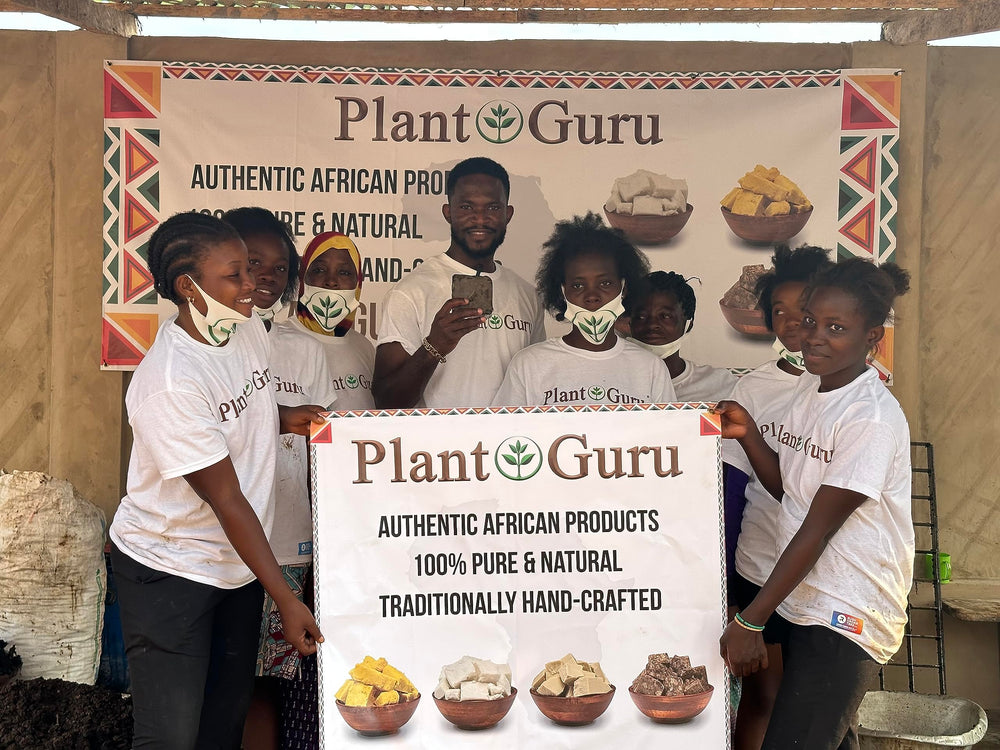 Plant Guru African Black Soap bar 8 oz facial-care focus image suggests improving uneven tone over time.