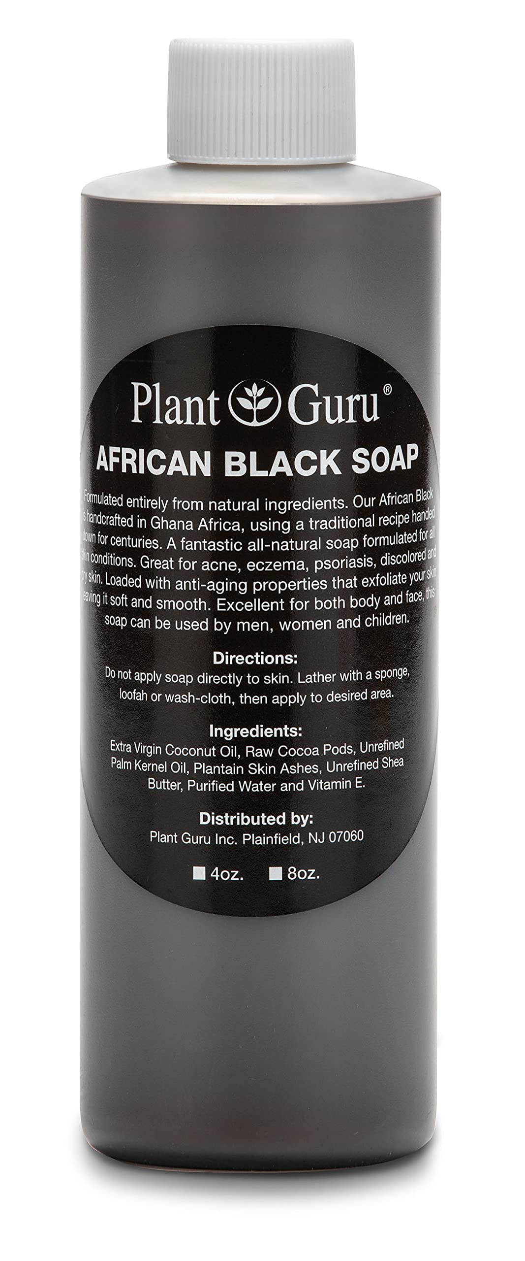 Plant Guru African Black Soap Liquid bottle for gentle cleansing of face and body.
