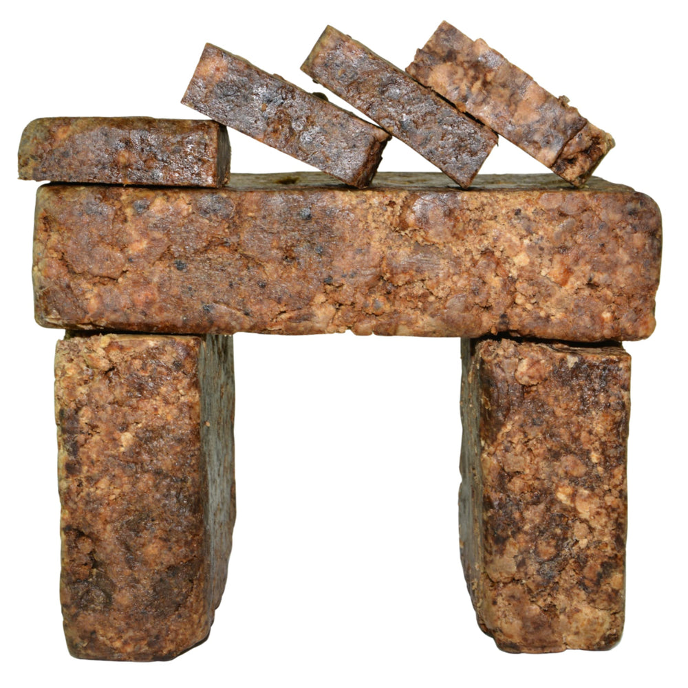 Plant Guru Raw African Black Soap bar 8 oz packaging showcases traditional Ghanaian craftsmanship for all skin types.