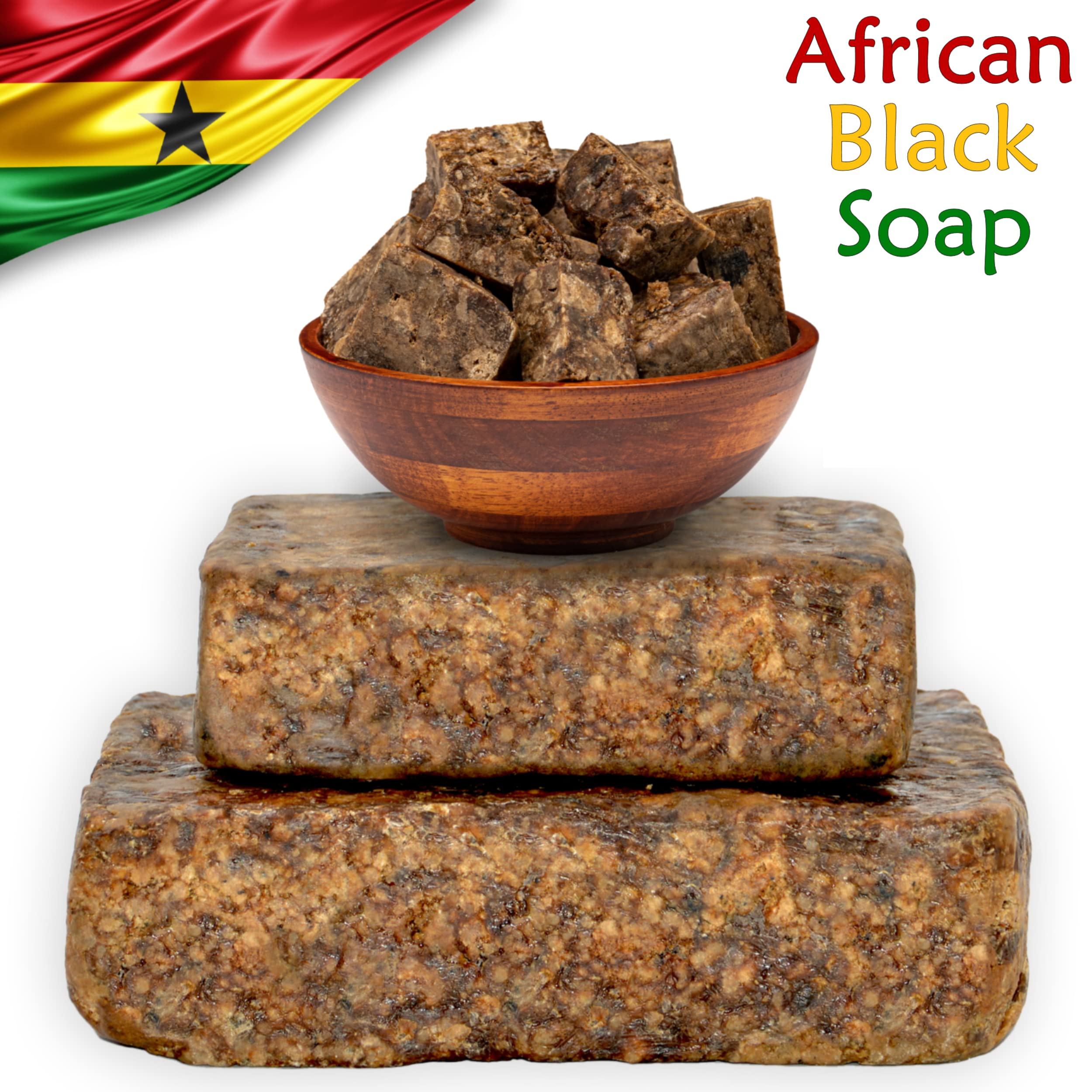 Plant Guru Raw African Black Soap bar 8 oz raw ingredients close-up emphasizes natural cleansing power.