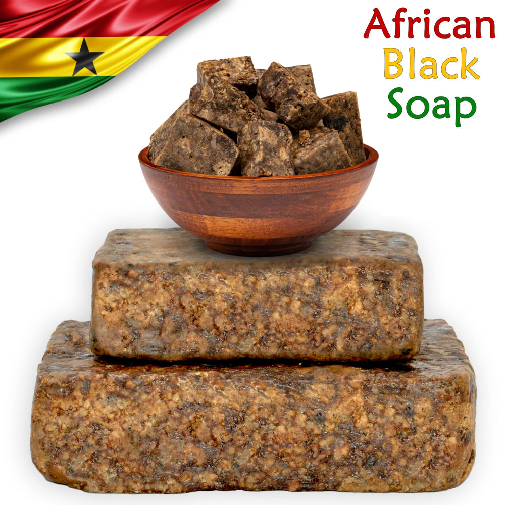 Plant Guru Raw African Black Soap bar 8 oz raw ingredients close-up emphasizes natural cleansing power.