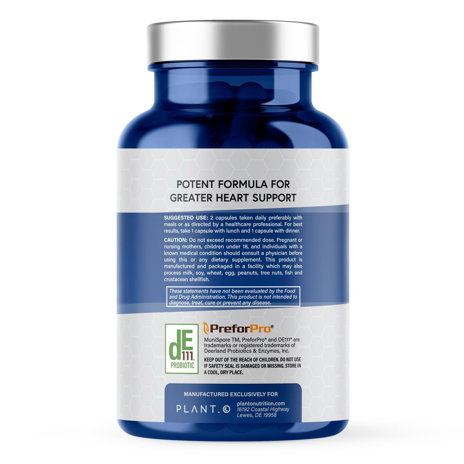 PLANT.O NUTRITION label highlights DE111 spore probiotic for gut health.