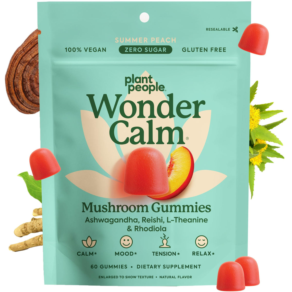 Plant People WonderCalm bottle shows vegan peach gummies for daily calm.