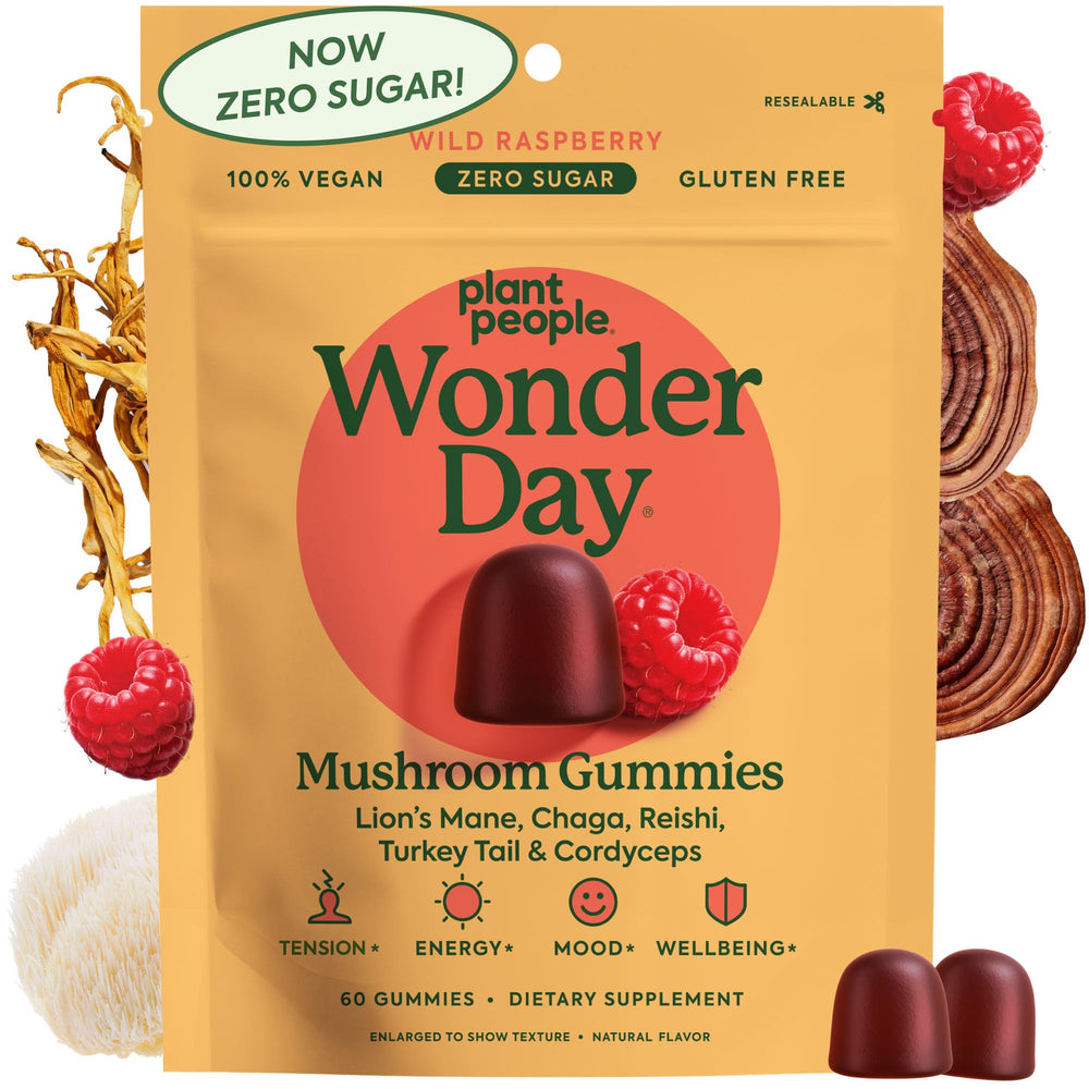 Plant People WonderDay gummies bottle with wild raspberry flavor for daily wellness.