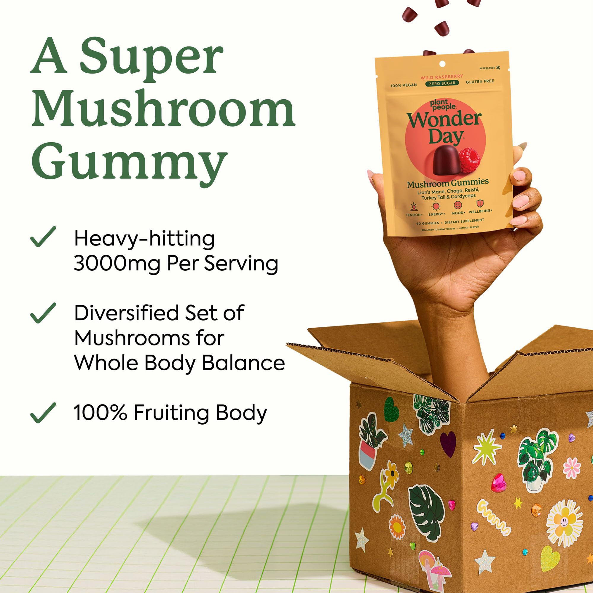 Plant People WonderDay gummies being poured for convenient on-the-go mushroom support.