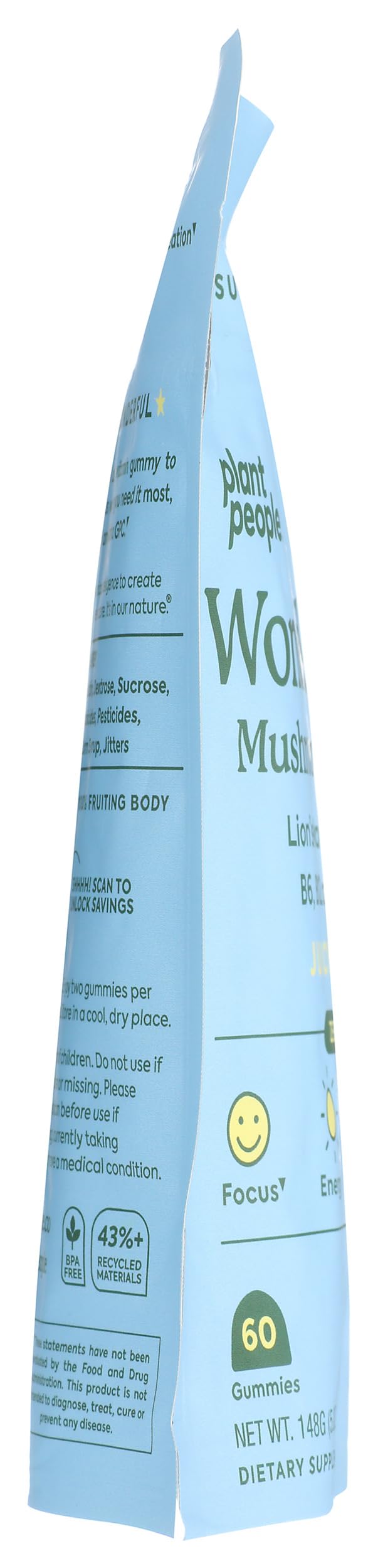 WonderFocus packaging label highlighting vegan, sugar-free formula and recyclable pouch