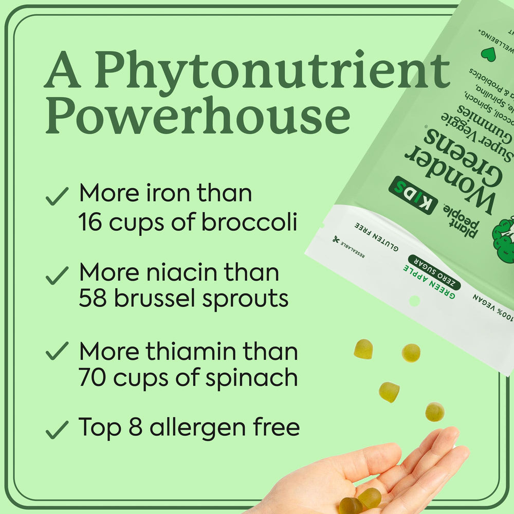Plant People WonderGreens Kids Gummies label-ingredients highlights vegan, gluten-free formula for safer daily nutrition.