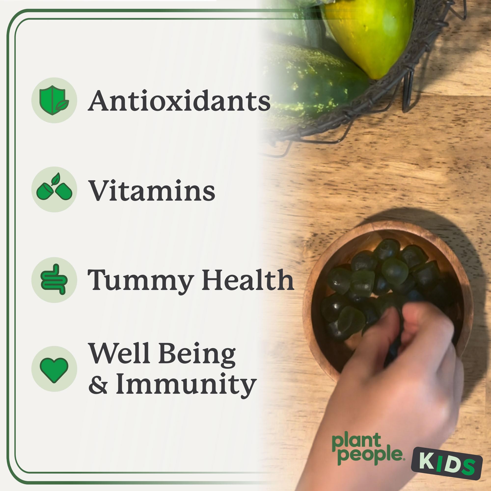 Plant People WonderGreens vegan-gluten-free claim reinforces allergy-safe daily vitamins for kids.