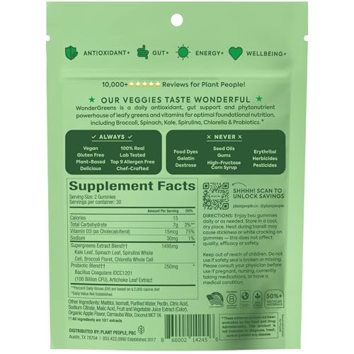 WonderGreens gummies arranged beside a measuring spoon for a nutrient-dense snack