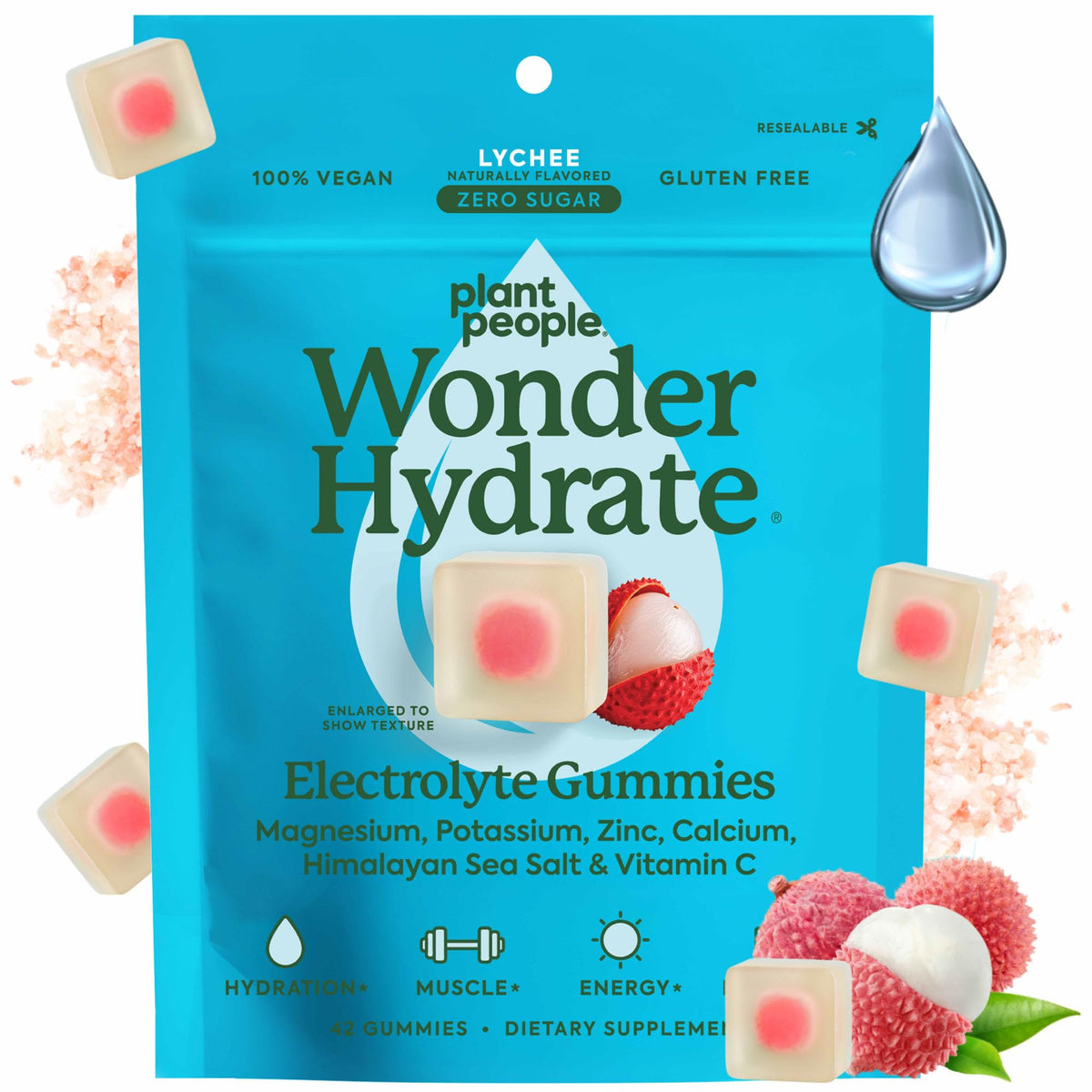 Plant People WonderHydrate lychee bottle showcases vegan electrolyte hydration for daily energy.