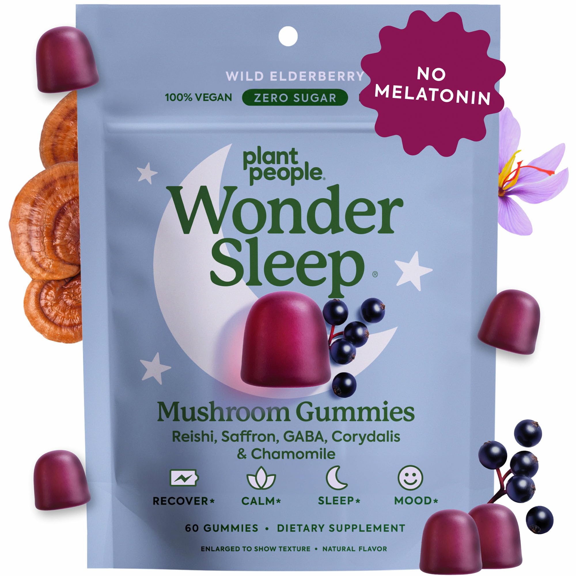 Plant People WonderSleep gummies packaging shows melatonin-free sleep aid in resealable pouch