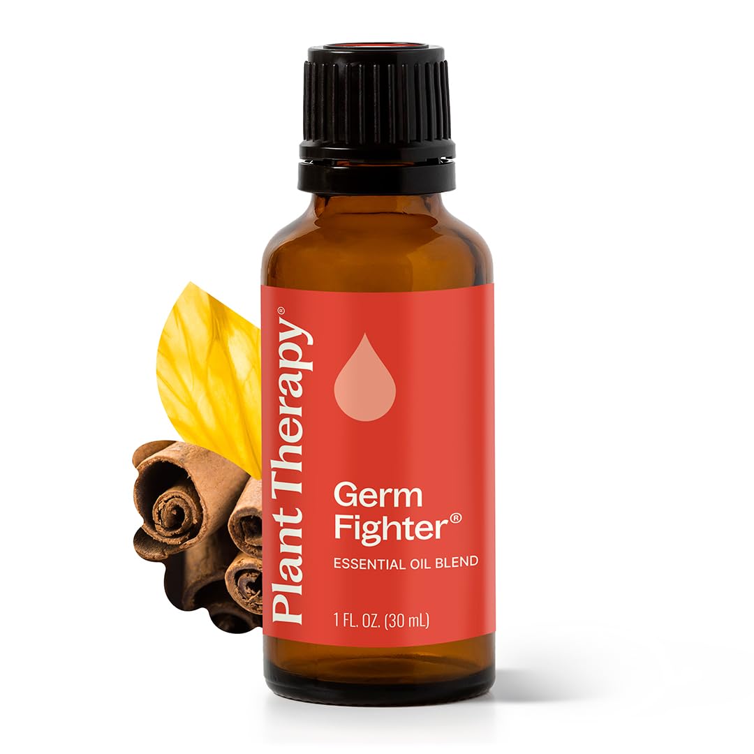 Plant Therapy Germ Fighter bottle with 100% pure essential oil blend for immune-support use.