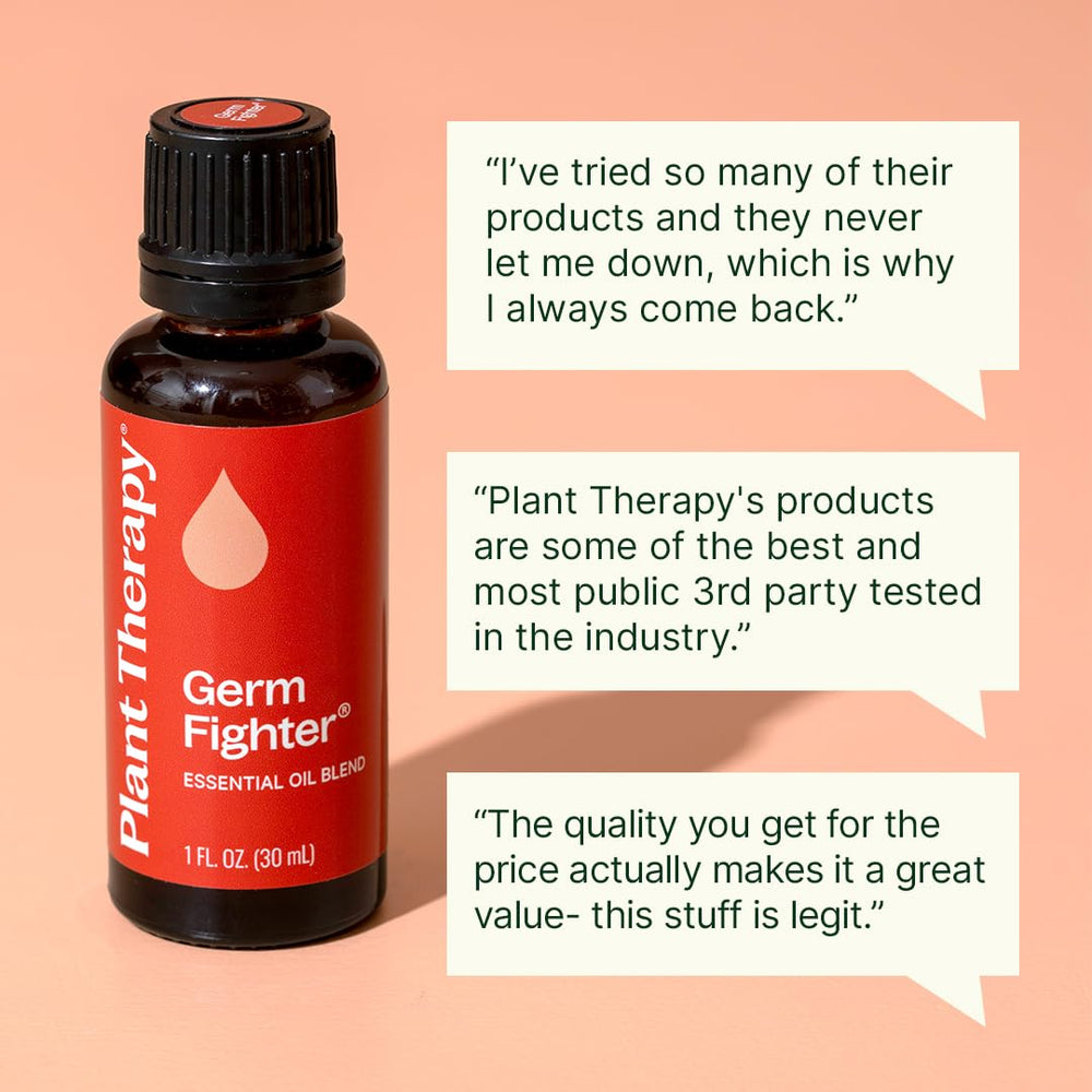 Plant Therapy Germ Fighter bottle drops ready for diffusion or inhalation.