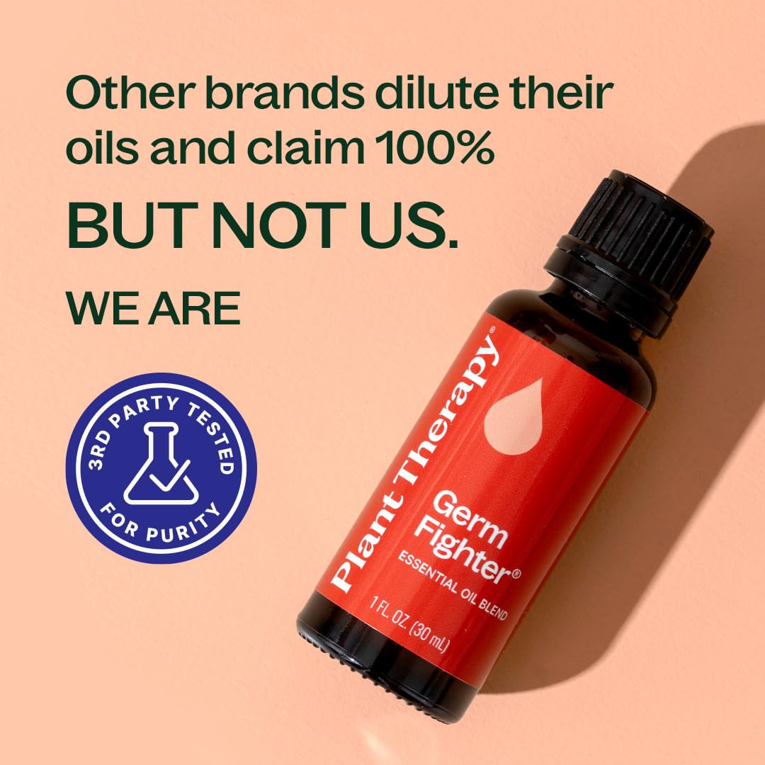 Plant Therapy Germ Fighter ingredient blend with lemon, clove, eucalyptus, cinnamon, rosemary.