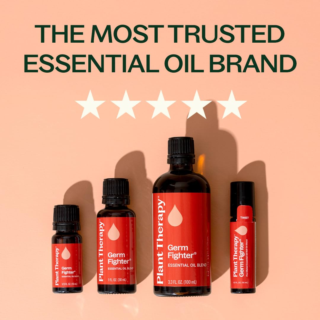 Plant Therapy Germ Fighter label emphasizes 100% pure essential oil promise.