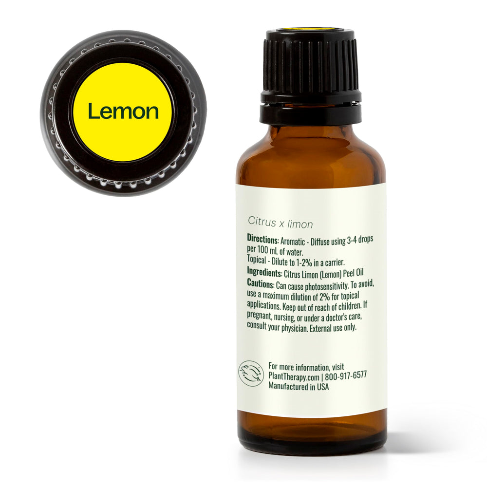 Plant Therapy Lemon oil in amber bottle signals high-quality affordable essential oil.