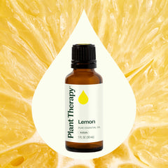 Plant Therapy Lemon oil DIY cleaner setup with a zingy citrus note.