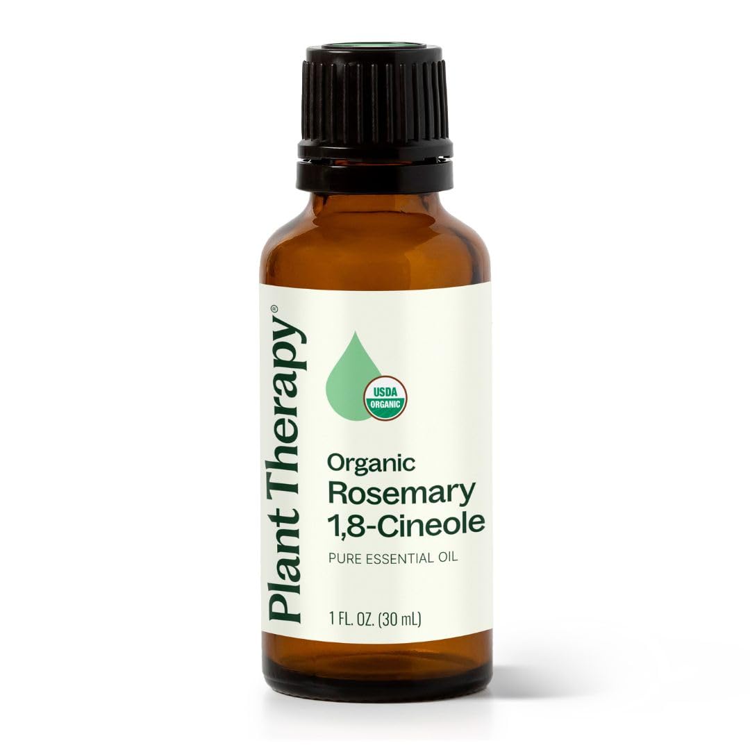 Plant Therapy rosemary oil bottle with clear label for pure aroma and convenience.