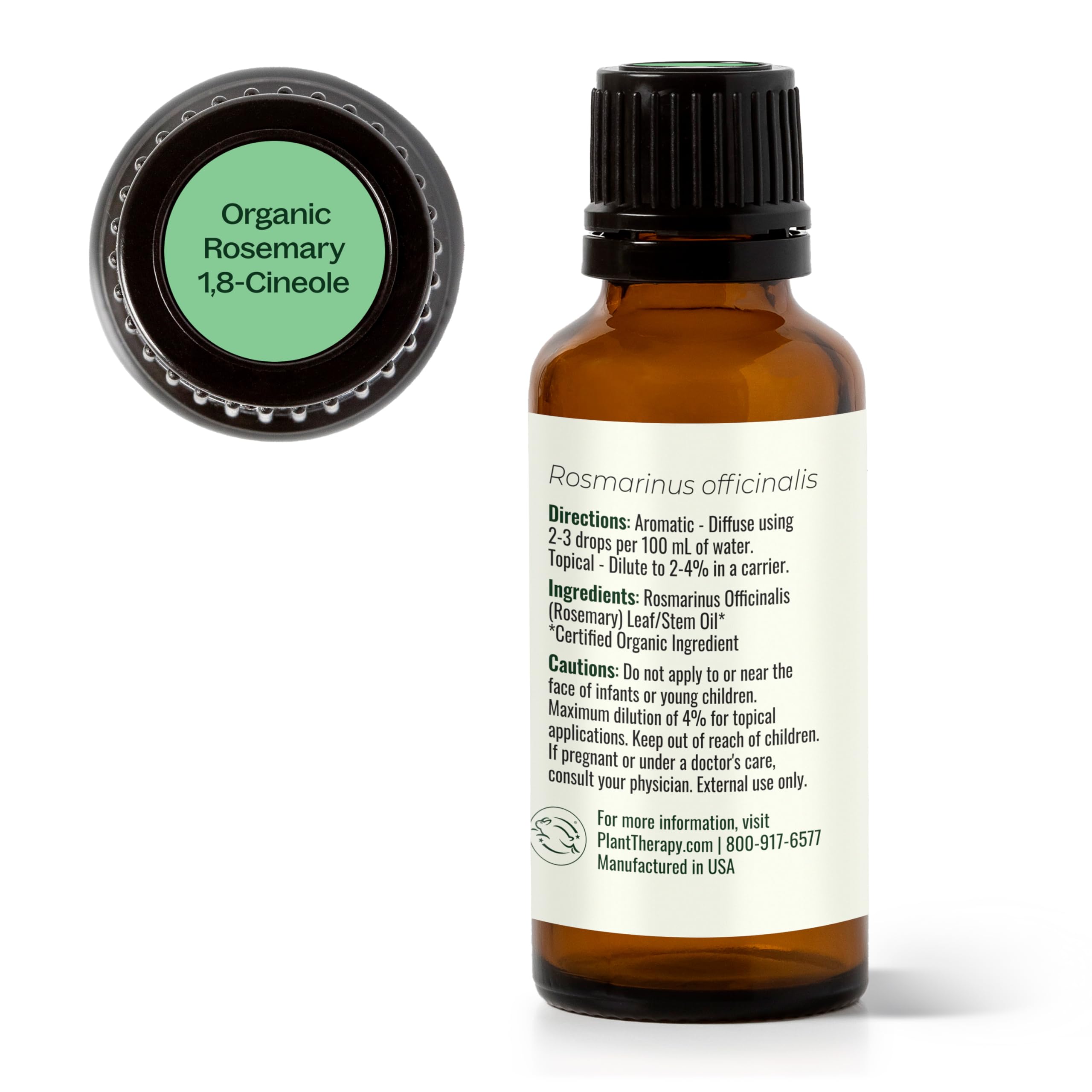 Plant Therapy rosemary oil packaging emphasizes organic certification and testing.