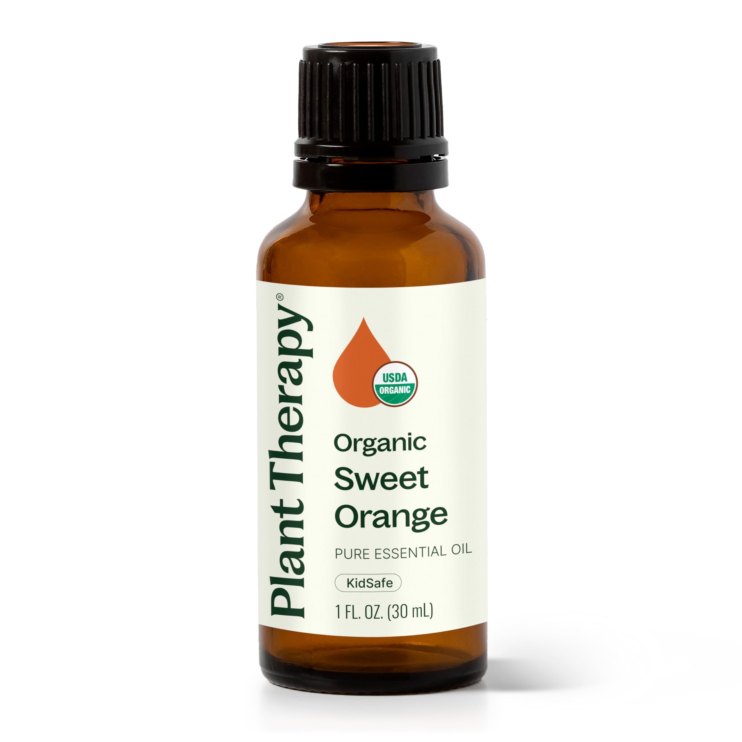 Plant Therapy Sweet Orange bottle shows pure essential oil for uplifting aromas.