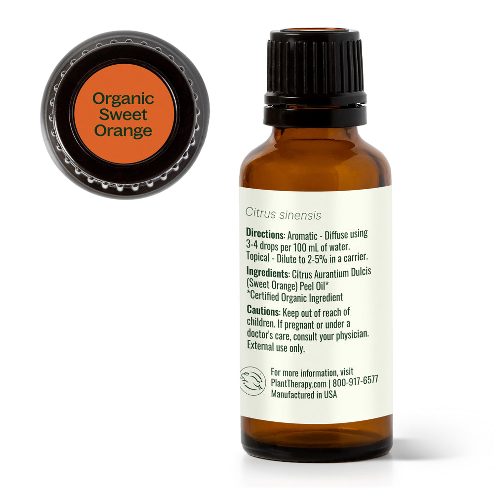 Plant Therapy Sweet Orange packaging highlights trusted branding and batch testing.