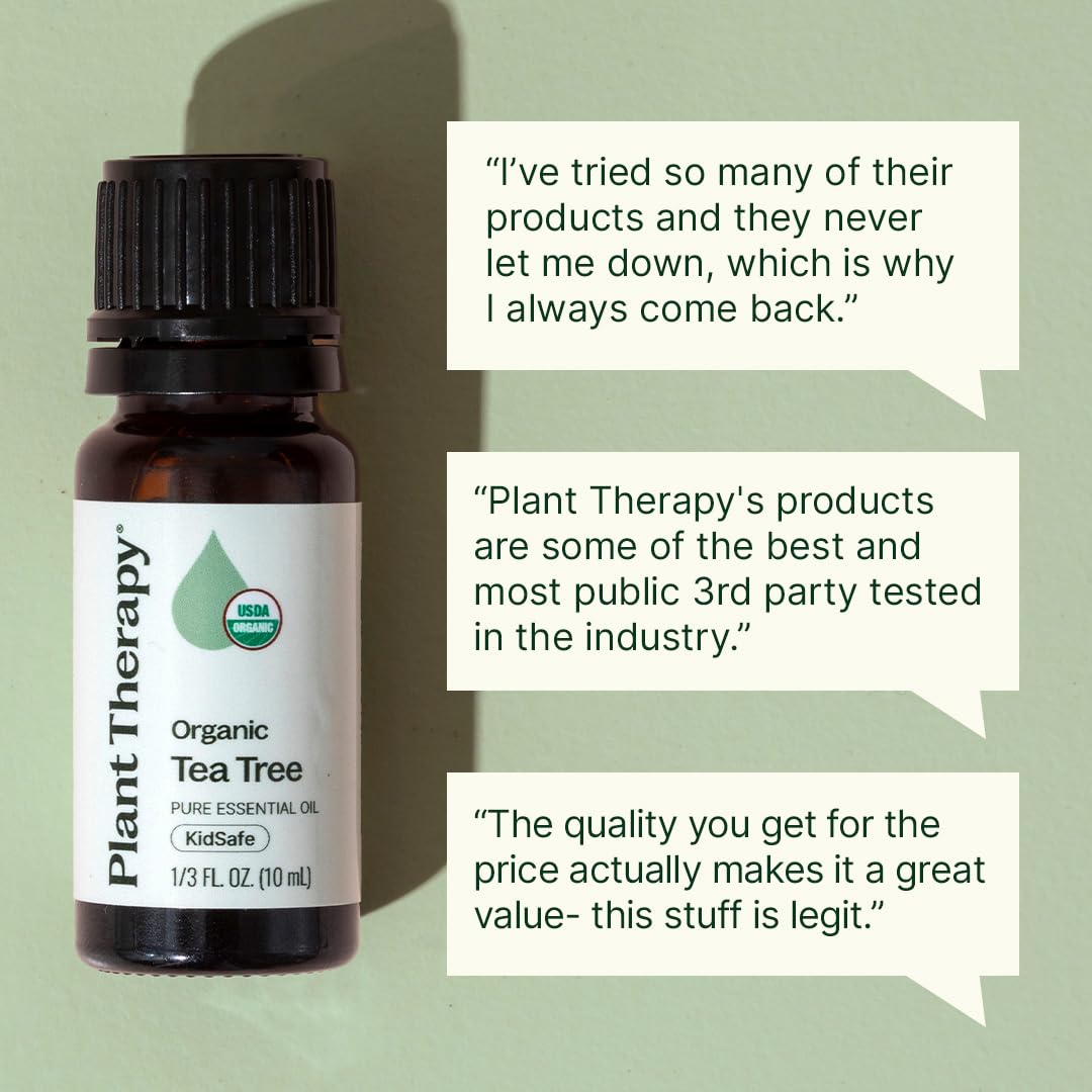 Plant Therapy Tea Tree Oil bottle label shows USDA Organic certification and batch testing.