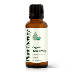 Plant Therapy Tea Tree Oil bottle pour showing versatile skin and scalp care possibilities