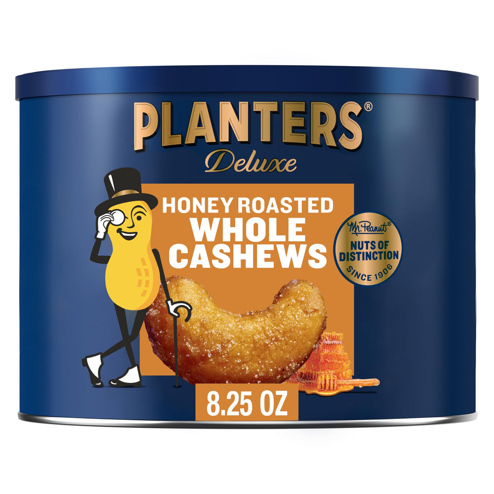 PLANTERS Deluxe Honey Roasted Cashews canister front view for quick snacking