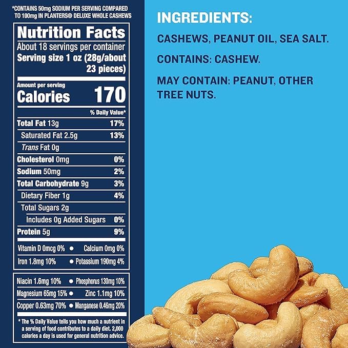 Close-up of Planters Deluxe cashews showing roasted, buttery notes.