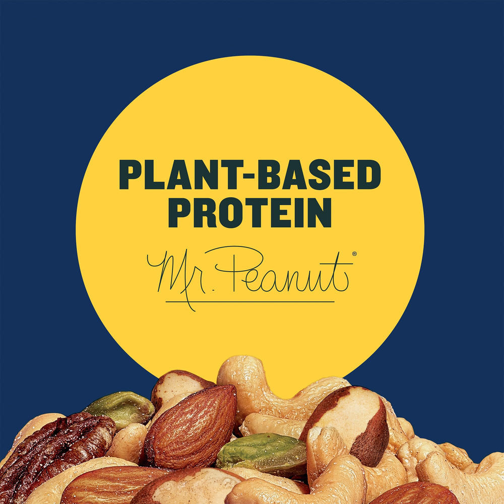Planters Deluxe Pistachio Mix canister close-up showing airtight lid and fresh mix.