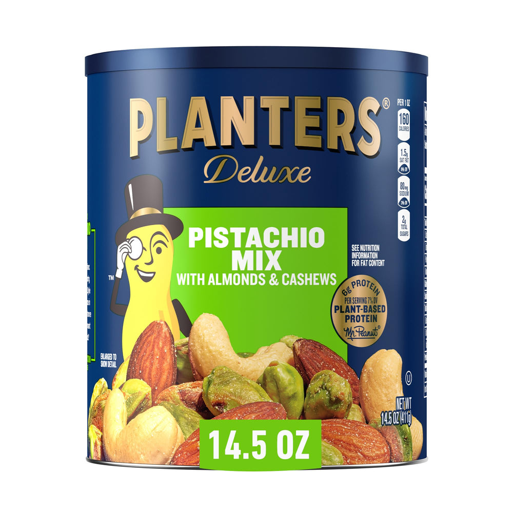 Planters Deluxe Pistachio Mix in a bowl featuring pistachios for a savory, protein-boosting snack.