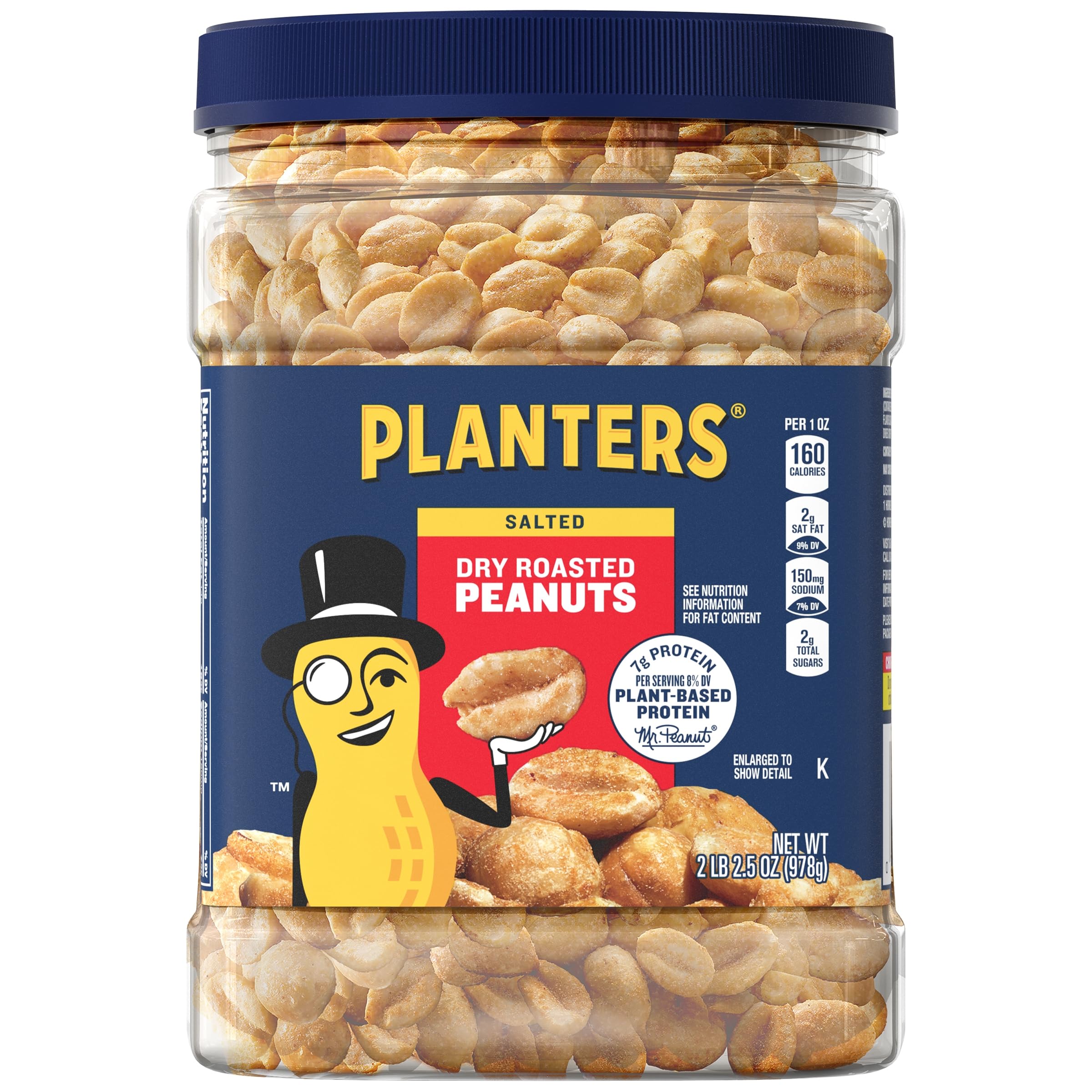 Planters dry roasted peanuts jar front, ideal shareable snack for gatherings.