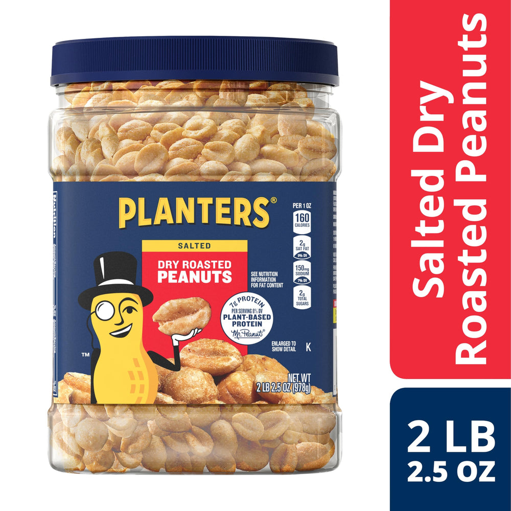Planters dry roasted peanuts jar lid, resealable freshness for on-the-go snacking.
