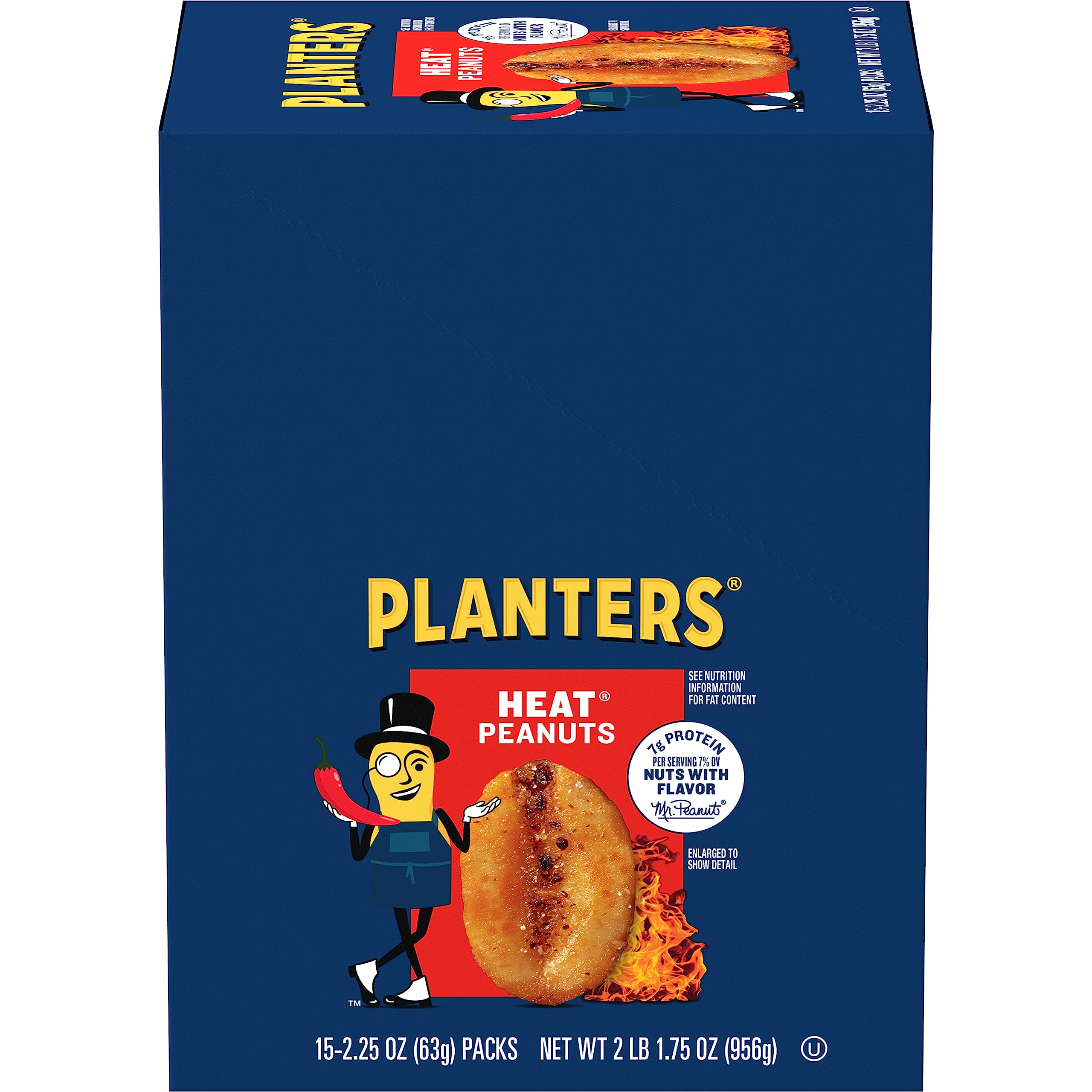 Planters Heat Peanuts bag front view highlighting spicy flavor.