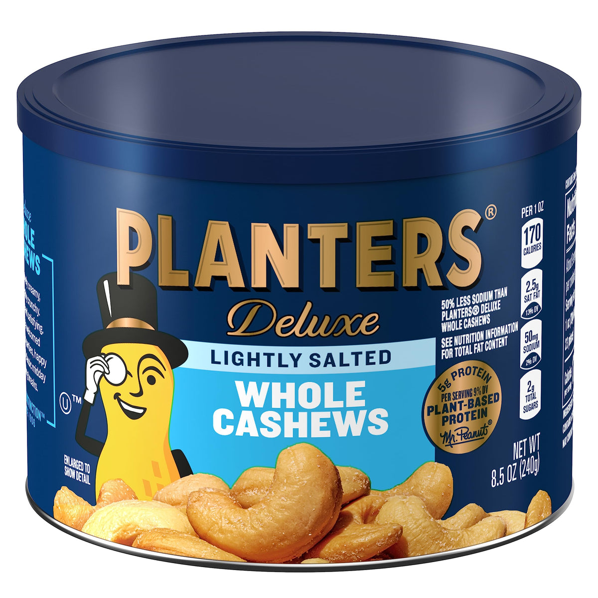 Planters lightly salted whole cashews canister closeup for a savory, protein-rich snack.