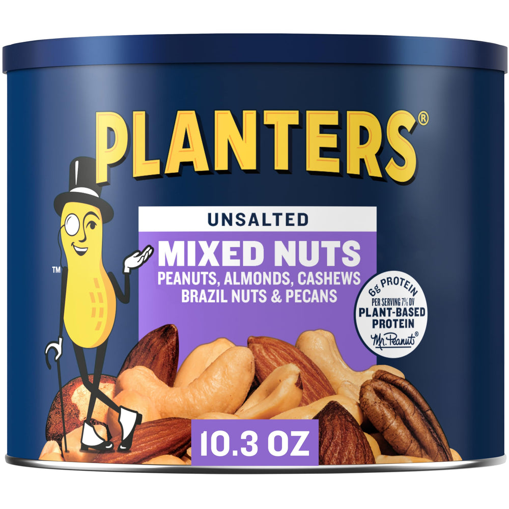 PLANTERS Unsalted Mixed Nuts canister ready for on-the-go snacking