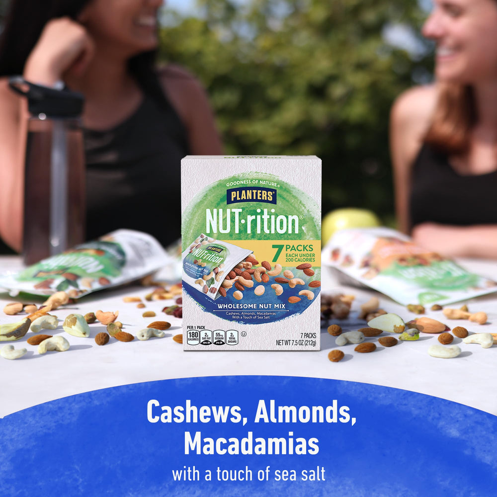 PLANTERS Nut-Rition sea-salted roasted nuts arrangement in bright setting.