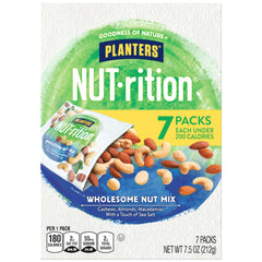 PLANTERS Nut-Rition Nut Mix box with seven on-the-go pouches for convenient snacking.